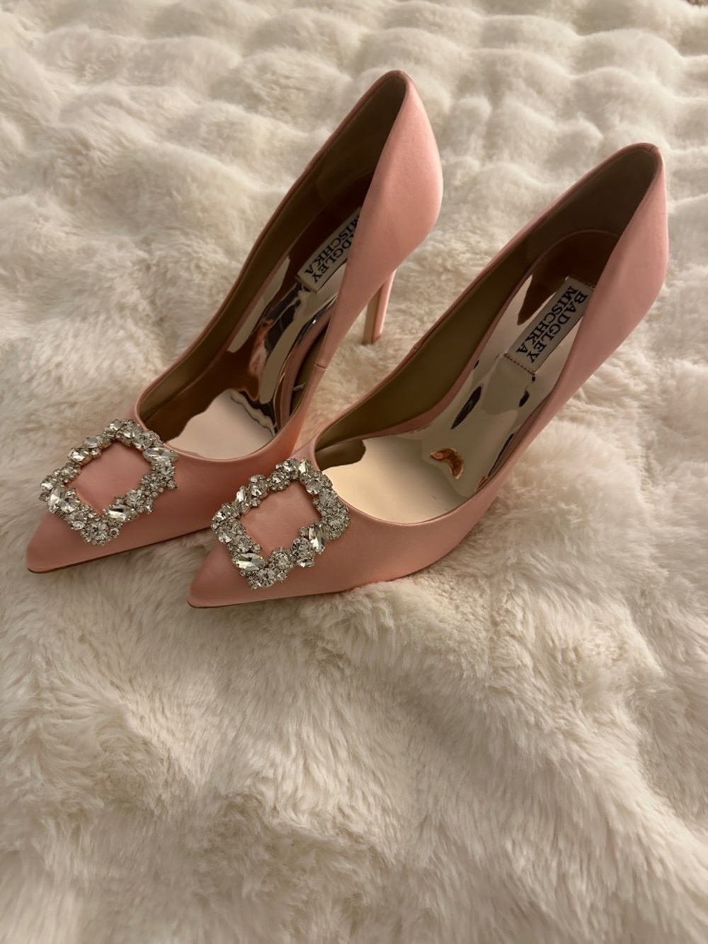 Badgley Mischka Blush Pink Satin Pointed-Toe Crystal-Embellished Pumps coral 8.5 - Picture 6 of 8
